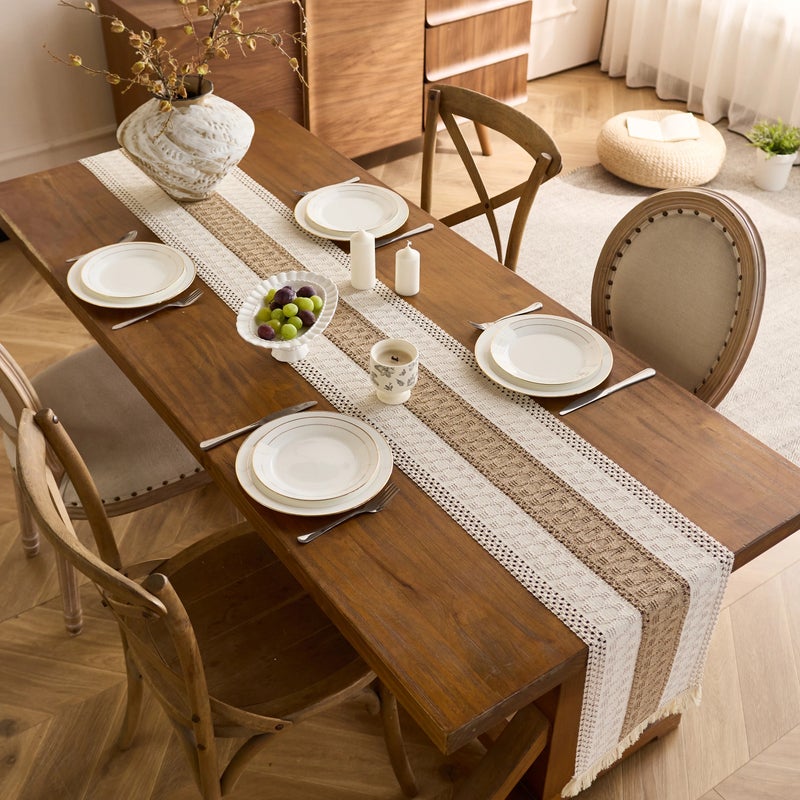 Bluejw Two-Color Woven Tassels Wedding Table Runners Embroidered Cotton Linen Cover for Dining Table - Image 4